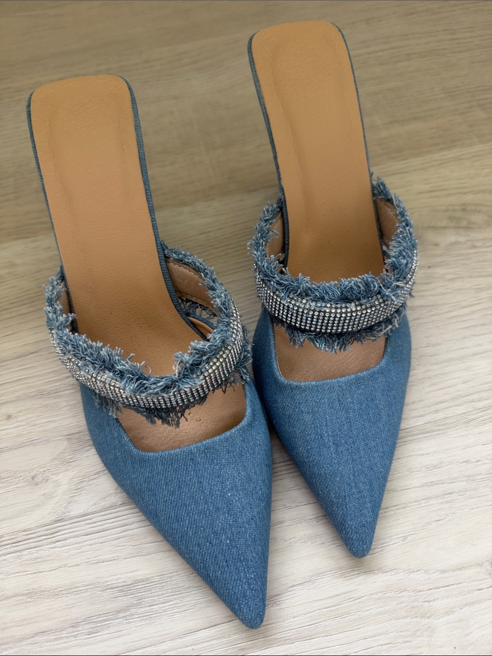 Denim Pointed-Toe Mule with Frayed Strap and Embellishment